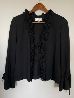 St. John Evening Black Cardigan Sweater Jacket Chiffon Ruffles sz 2